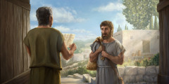 Filemone legge una lettera. Davanti a lui c’è Onesimo, uno schiavo che era fuggito.