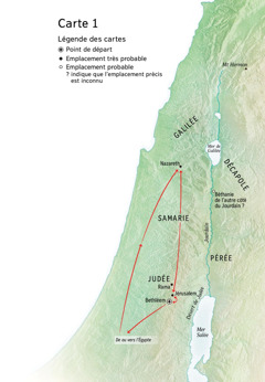 Carte indiquant des lieux associés à la vie de Jésus : Bethléem, Nazareth, Jérusalem