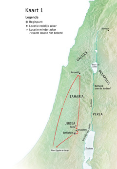 Kaart met plaatsen uit Jezus’ leven: Bethlehem, Nazareth en Jeruzalem