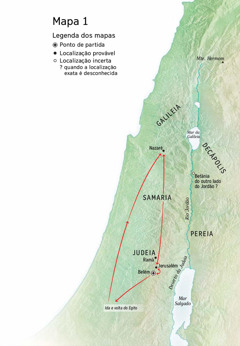 Mapa de lugares relacionados à vida de Jesus: Belém, Nazaré, Jerusalém