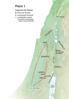 Mapa de lugares relacionados com a vida de Jesus: Belém, Nazaré, Jerusalém