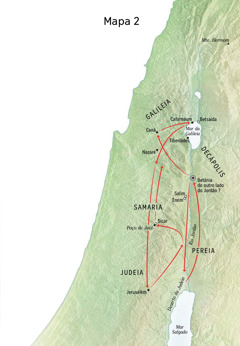 Mapa de lugares relacionados à vida de Jesus, incluindo o rio Jordão e a Judeia