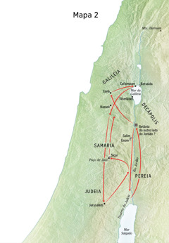 Mapa de lugares relacionados com a vida de Jesus, incluindo o rio Jordão e a Judeia