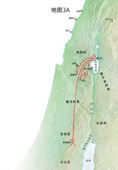 标明耶稣在加利利、迦百农和迦拿执行传道职务的地图