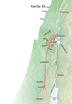 Kartassa Jeesuksen palvelukseen liittyviä paikkoja: Galilea, Kapernaum, Kaana