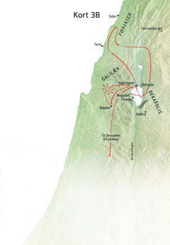 Kort over steder der havde relation til Jesus’ tjeneste i området omkring Galilæa, Fønikien og Dekapolis