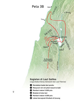 Peta lokasi yang berhubungan dengan pelayanan Yesus di sekitar Galilea, Fenisia, dan Dekapolis