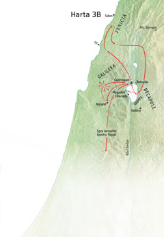 Hartă cu locurile în care a fost Isus când a predicat în Galileea, Fenicia și Decapole