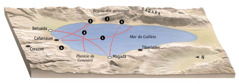 Mapa de lugares relacionados ao ministério de Jesus na região do mar da Galileia