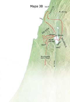 Mapa de lugares relacionados ao ministério de Jesus na região da Galileia, Fenícia e Decápolis
