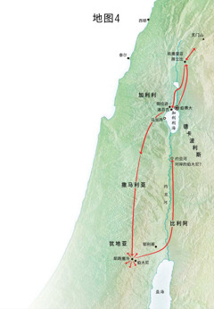 标明耶稣在犹地亚和加利利执行传道职务的地图