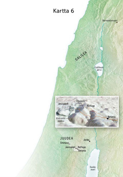 Kartassa Jeesuksen loppuajan palvelukseen liittyviä paikkoja: Jerusalem, Betania, Betfage, Öljymäki