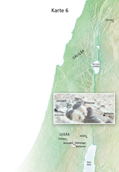 Karte zu Jesu abschließendem Dienst (unter anderem Jerusalem, Bethanien, Bethphage, Ölberg)