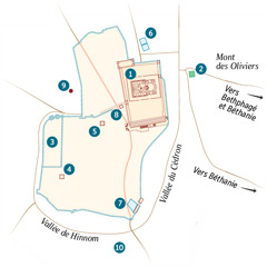 Carte de Jérusalem et ses environs. Liste des emplacements connus ou possibles : 1. Temple. 2. Jardin de Gethsémani. 3. Palais du gouverneur. 4. Maison de Caïphe. 5. Palais où séjournait Hérode Antipas. 6. Piscine de Bethzata. 7. Piscine de Siloé. 8. Salle du Sanhédrin. 9. Golgotha. 10. Akeldama.