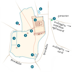 กรุง​เยรูซาเล็ม​และ​บริเวณ​โดย​รอบ 1. วิหาร 2. สวน​เกทเสมนี 3. บ้าน​ผู้​ว่า​ราชการ 4. บ้าน​ของ​เคยาฟาส 5. วัง​ของ​เฮโรด​อันทีพาส 6. สระ​เบธซาธา 7. สระ​สิโลอัม 8. ศาล​แซนเฮดริน 9. กลโกธา 10. อาเคลดามา