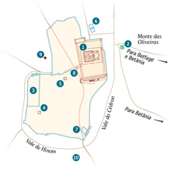 Mapa de Jerusalém e da zona à volta da cidade. São alistadas localizações conhecidas e possíveis. 1. Templo. 2. Jardim de Getsémani. 3. Palácio do Governador. 4. Casa de Caifás. 5. Palácio usado por Herodes Antipas. 6. Reservatório de Betezata. 7. Reservatório de Siloé. 8. Sinédrio. 9. Gólgota. 10. Acéldama.