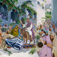 Jesus reitet auf einem jungen Esel, während eine Menge freudiger Menschen Obergewänder und Palmzweige auf der Straße ausbreitet.