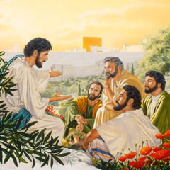 Jesus talking to some of his apostles on the Mount of Olives. The temple stands in the background.