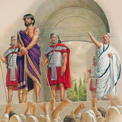 Jesus wearing a crown of thorns and a purple robe as Pilate presents him to an angry mob.
