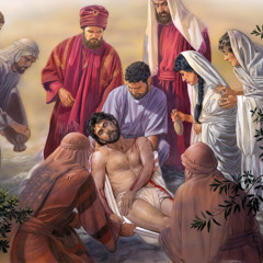 Nicodemus, Joseph of Arimathea, and other disciples preparing Jesus’ body for burial.