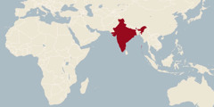 Карта света на којој је обележена Индија