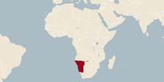 Карта света на којој је обележена Намибија