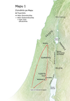Mapu osonyeza malo a umoyo wa Yesu: Betelehemu, Nazareti, Yerusalemu