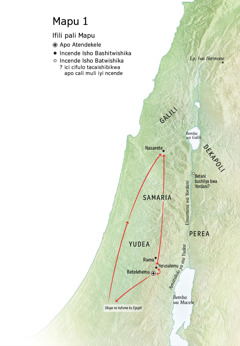Ama mapu ayalelanga umo Yesu alepita: Betelehemu, Nazareti, Yerusalemu