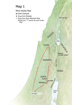 Map owụtde mme ebiet emi Jesus okodude: Bethlehem, Nazareth, Jerusalem