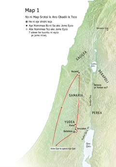 Map ni tsɔɔ hei ni Yesu yatsɔmɔ: Betlehem, Nazaret, Yerusalem