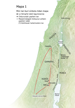 Mapa le arufudubalin fulasu burí le ladügürübei Hesusu dan le ubouagu lubéi, kéiburi Belén, Nasarétü luma Herusalén