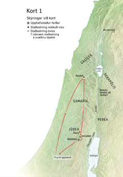 Kort yfir staði sem tengjast sögu Jesú: Betlehem, Nasaret, Jerúsalem.