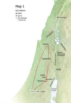 Map of locations related to Jesus’ life: Bethlehem, Nazareth, Jerusalem