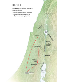 Karte oyo ezali kolakisa bisika oyo Yesu azalaki: Beteleme, Nazarete, Yerusaleme