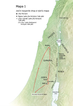 Mapa xi faʼaitʼa jñani kitsoyason Jesús ya Belén, Nazaret kao Jerusalén