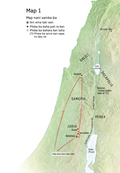 Map ba marikisa Jisas sturka nani ba anira takan: Betlehem, Nasaret, Jerusalem