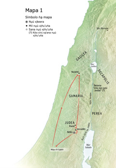 Mapa nu̱ú va̱xi ñuu nu̱ú ni̱xi̱ka ta̱ Jesús: Belén, Nazaret, Jerusalén