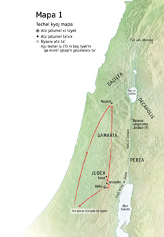 Aju mapa in tzaj tyekʼun jatumel anqʼin Jesús: Belén, Nazaret, Jerusalén