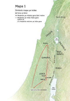 Jesús nünanbare medente ye mapa tä mike gare: Belén, Nazaret, Jerusalén