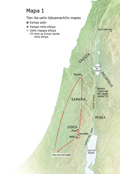 Mapa tlen kinextia kampa Jesús nenki: Belén, Nazaret, Jerusalén