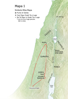 Mapa cu ta mustra luganan relaciona cu Hesus su bida: Betlehem, Nazaret, Jerusalem