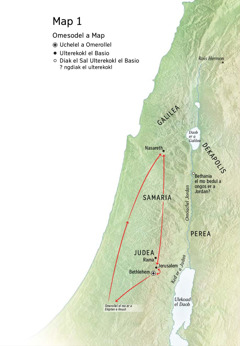 Map er aike el basio el lebla er ngii a Jesus: Bethlehem me a Nasareth me a Jerusalem