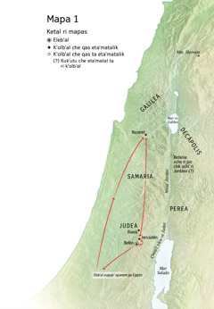 Map of locations related to Jesus’ life: Bethlehem, Nazareth, Jerusalem