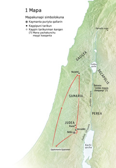 Jesuspa kay pachapi kawsasqan tiempopi mapa: Belén, Nazaret, Jerusalén