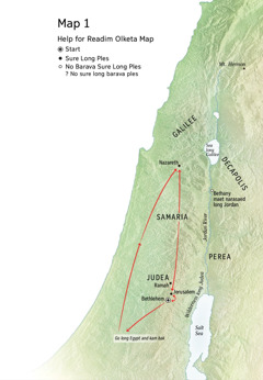 Map wea showim olketa samting wea happen taem Jesus stap long earth long Bethlehem, Nazareth, and Jerusalem