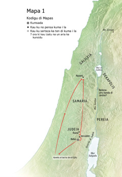 Mapa di lugaris ku sta relasionadu ku vida di Jesus: Belen, Nazaré, Jerusalen