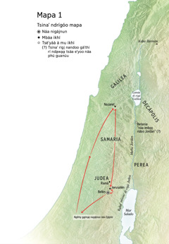 Mapa náa nijnguʼúun Jesús: Belén, Nazaret, Jerusalén