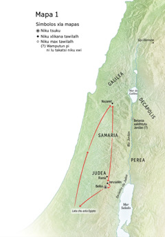 Mapa xla kachikinin nema lichuwinankan xlatamat Jesús Belén, Nazaret, Jerusalén