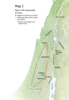 Map a ɛkyerɛ mmeae a Yesu kɔe: Betlehem, Nasaret, Yerusalem
