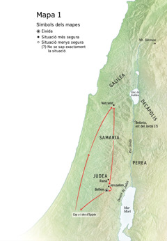 Mapa dels llocs on va estar Jesús: Betlem, Natzaret, Jerusalem